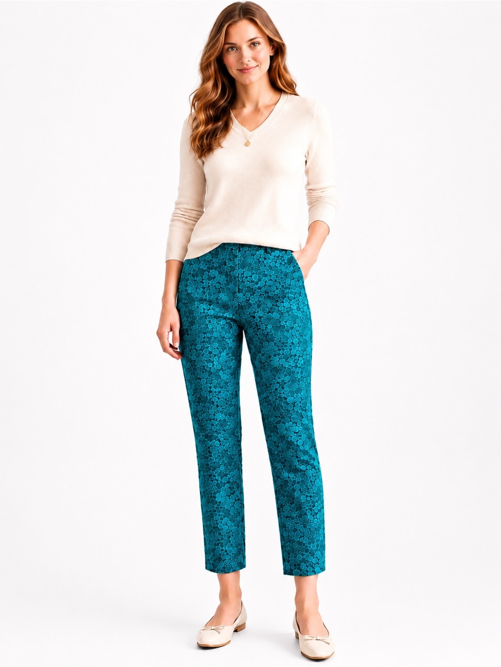 Draper James M Teal Floral Lace Ankle Pants Pull On Cropped Career Dress Pants